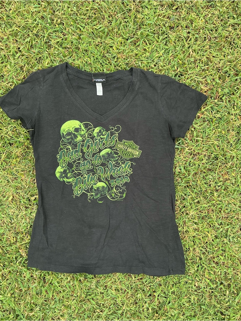 Harley-Davidson Black V-Neck Tee with Neon Green Skull Graphic